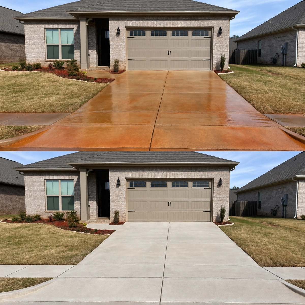 Illustrative stacked comparison of orange clay-stained concrete above the same driveway after cleaning