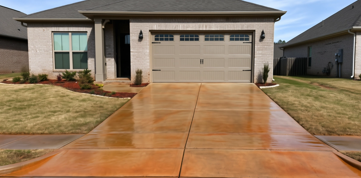 Concrete driveway with orange-red clay staining spread across the slab in front of a brick house