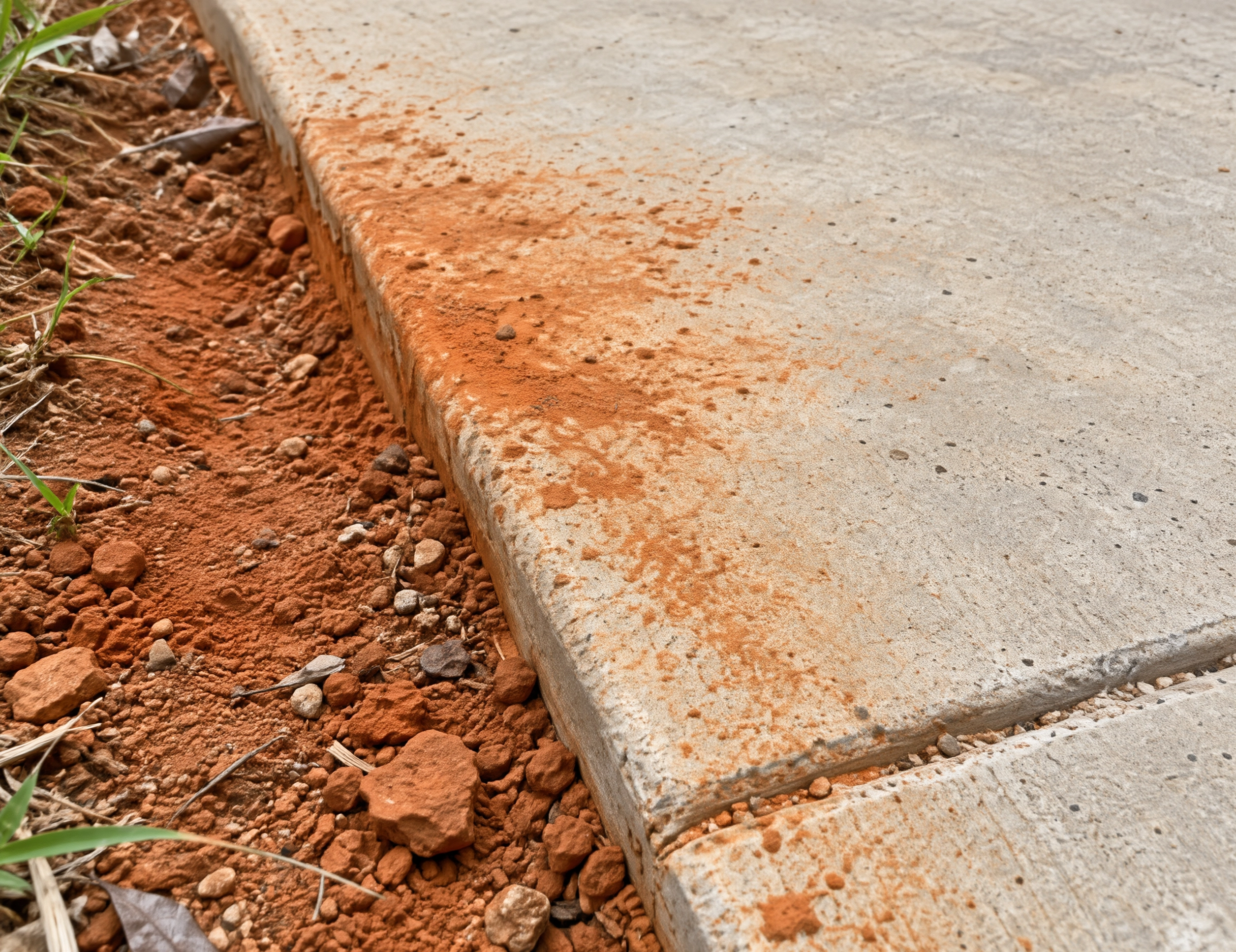 Poured concrete slab edge meeting orange clay soil