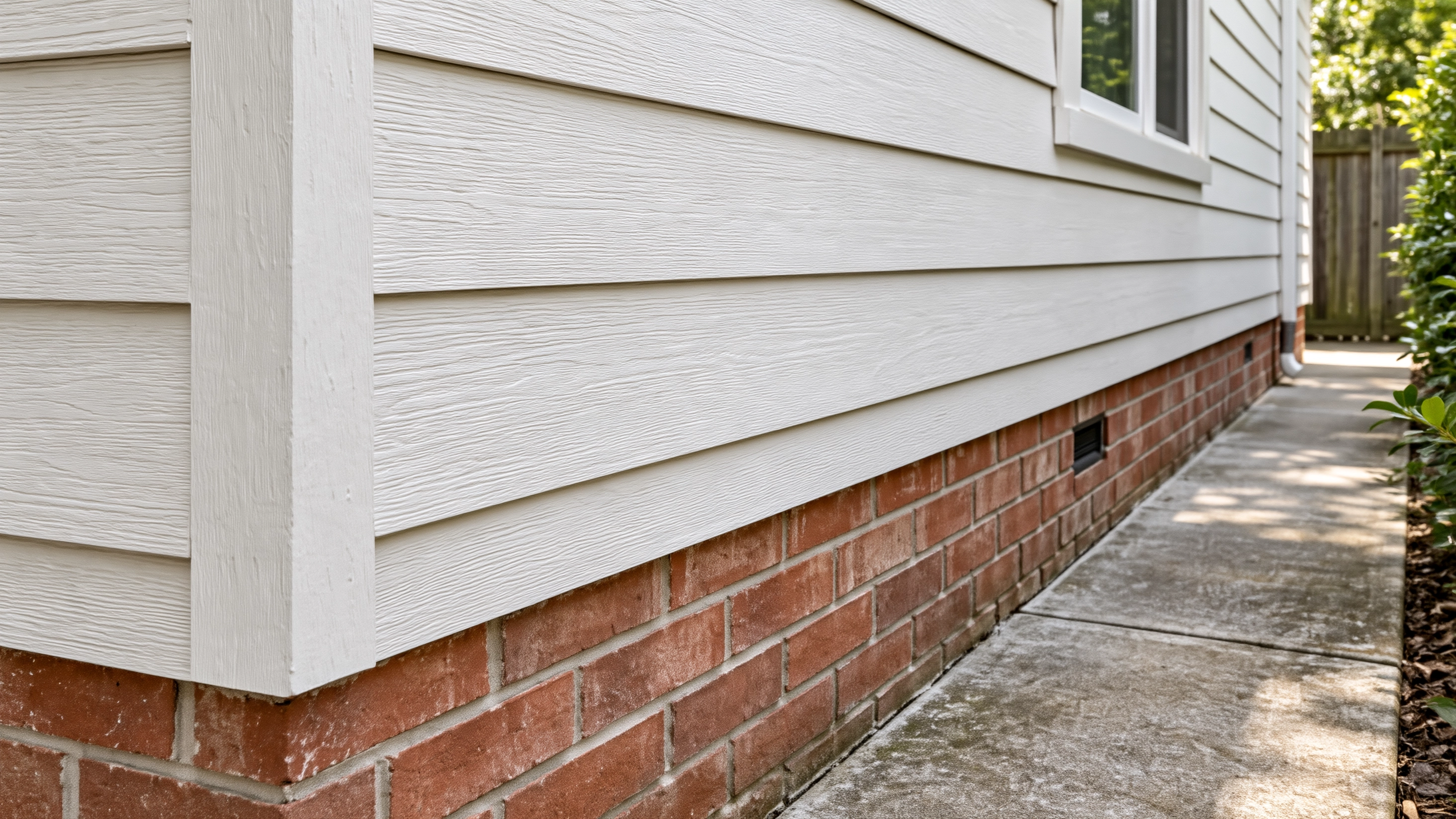 Oblique view of pale house siding, a brick foundation and a concrete side path