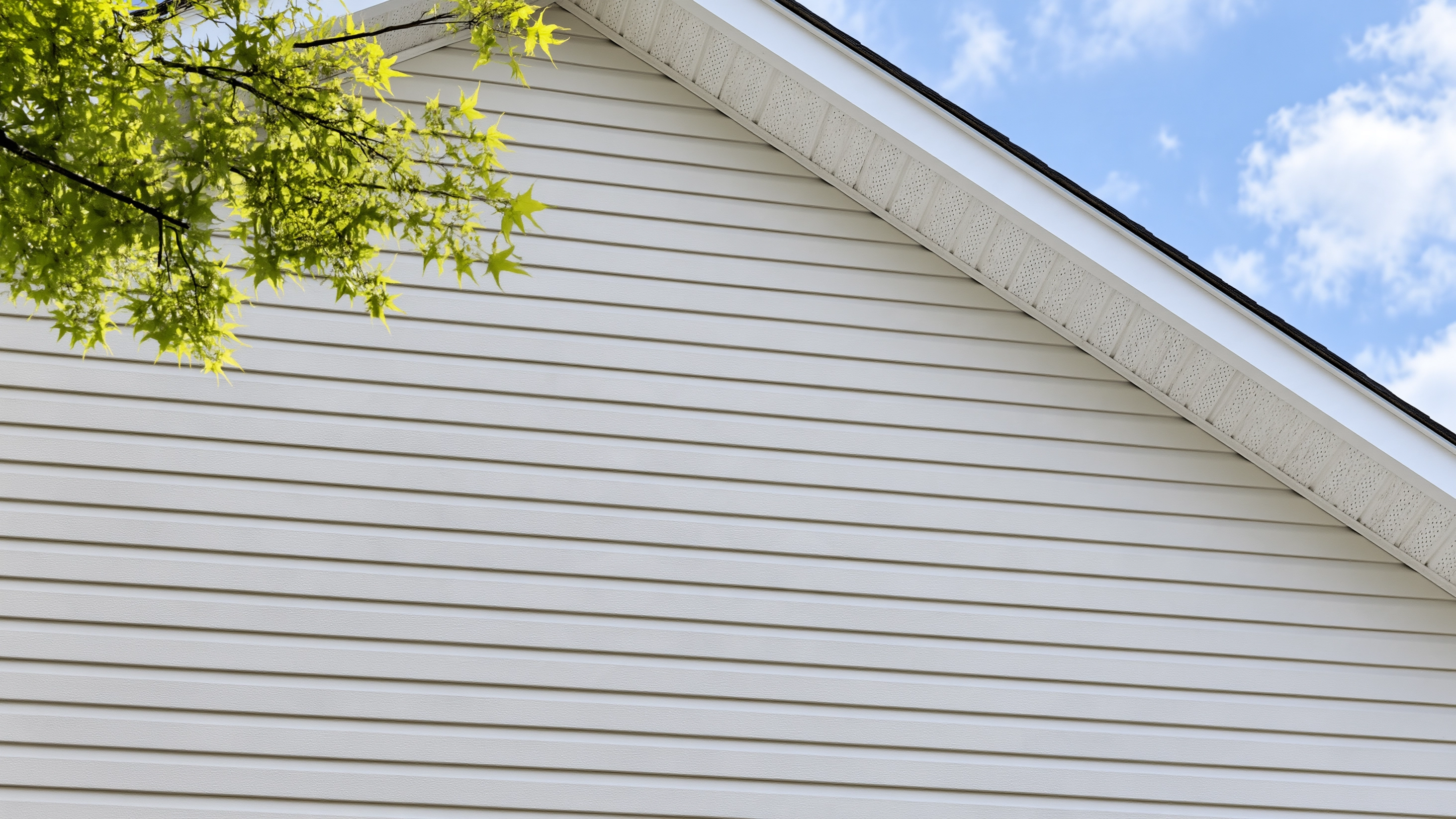 House gable and exterior siding with trim and connected guttering