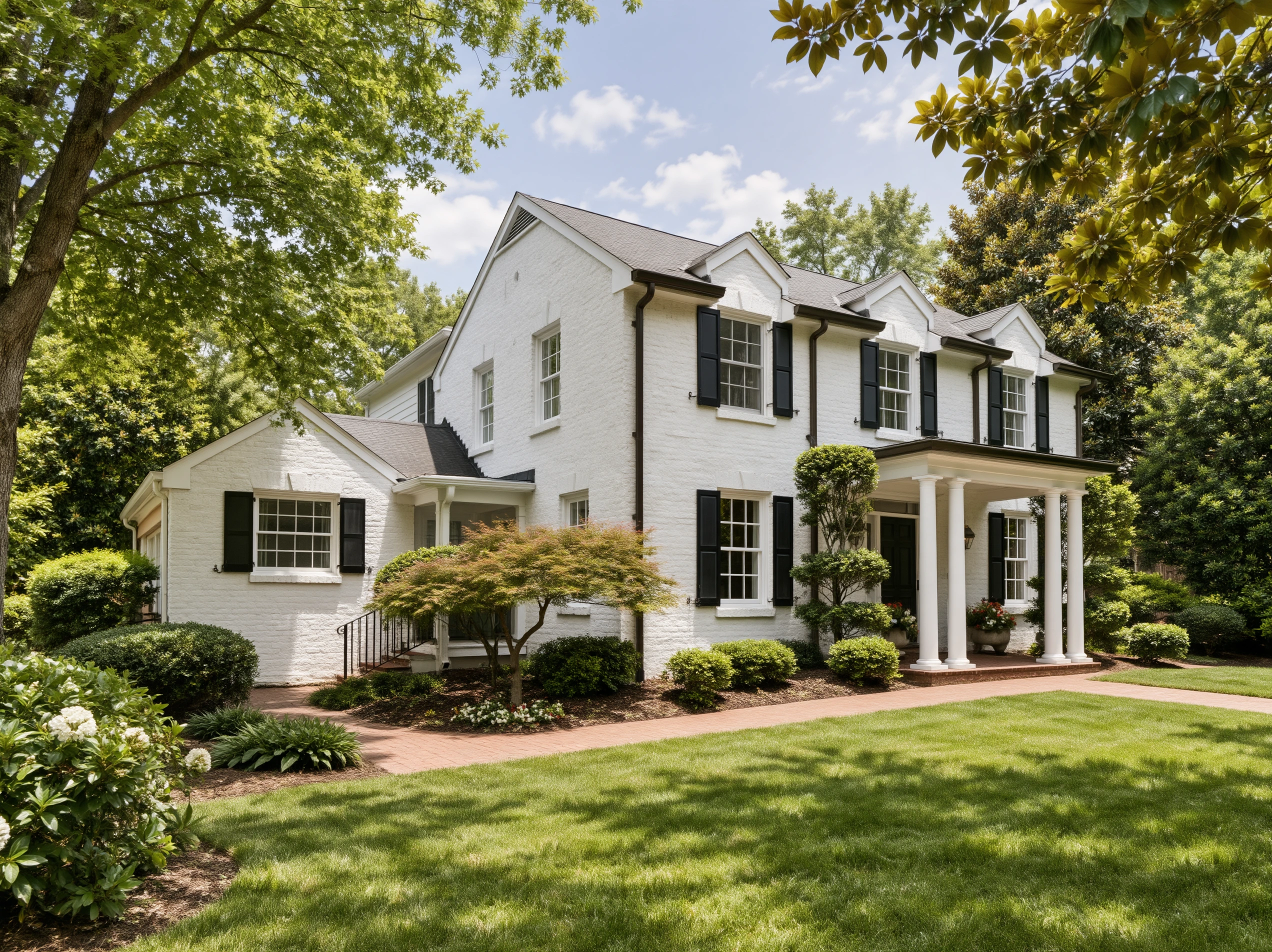 White-painted brick house with dark shutters, a columned entrance, brick paths and established planting