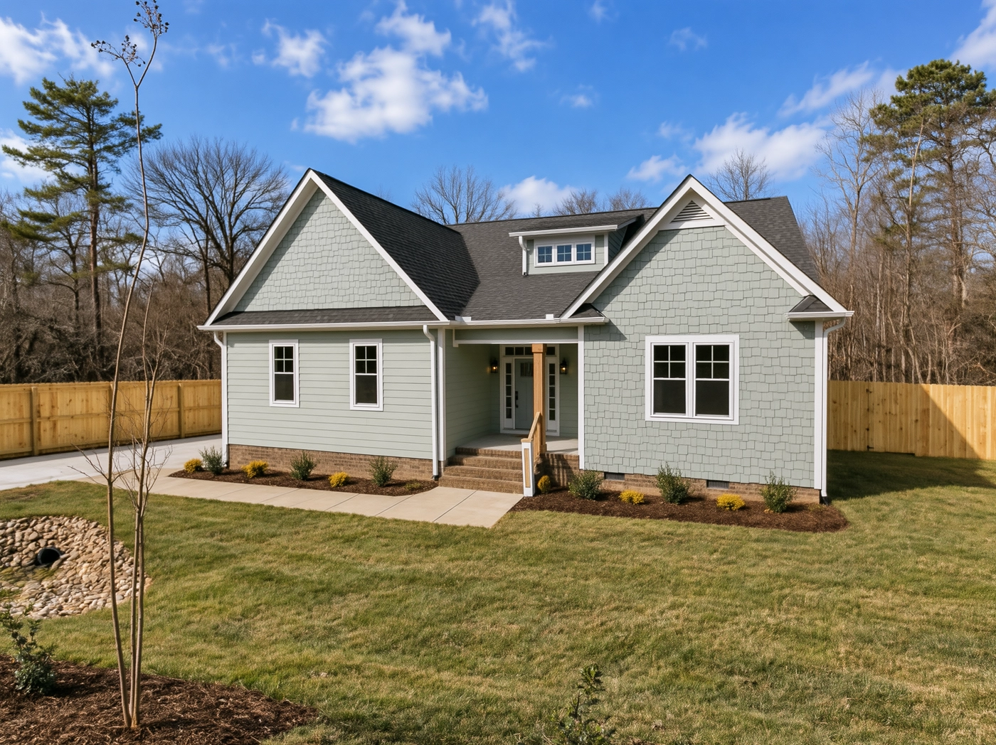 Pale-sage cottage with twin gables, a porch, fence and winter trees