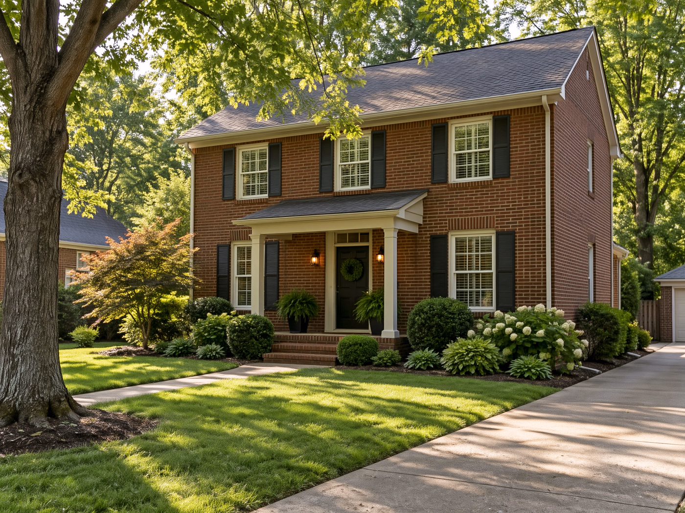 A red-brick home with a gabled roof, mature trees and front landscaping