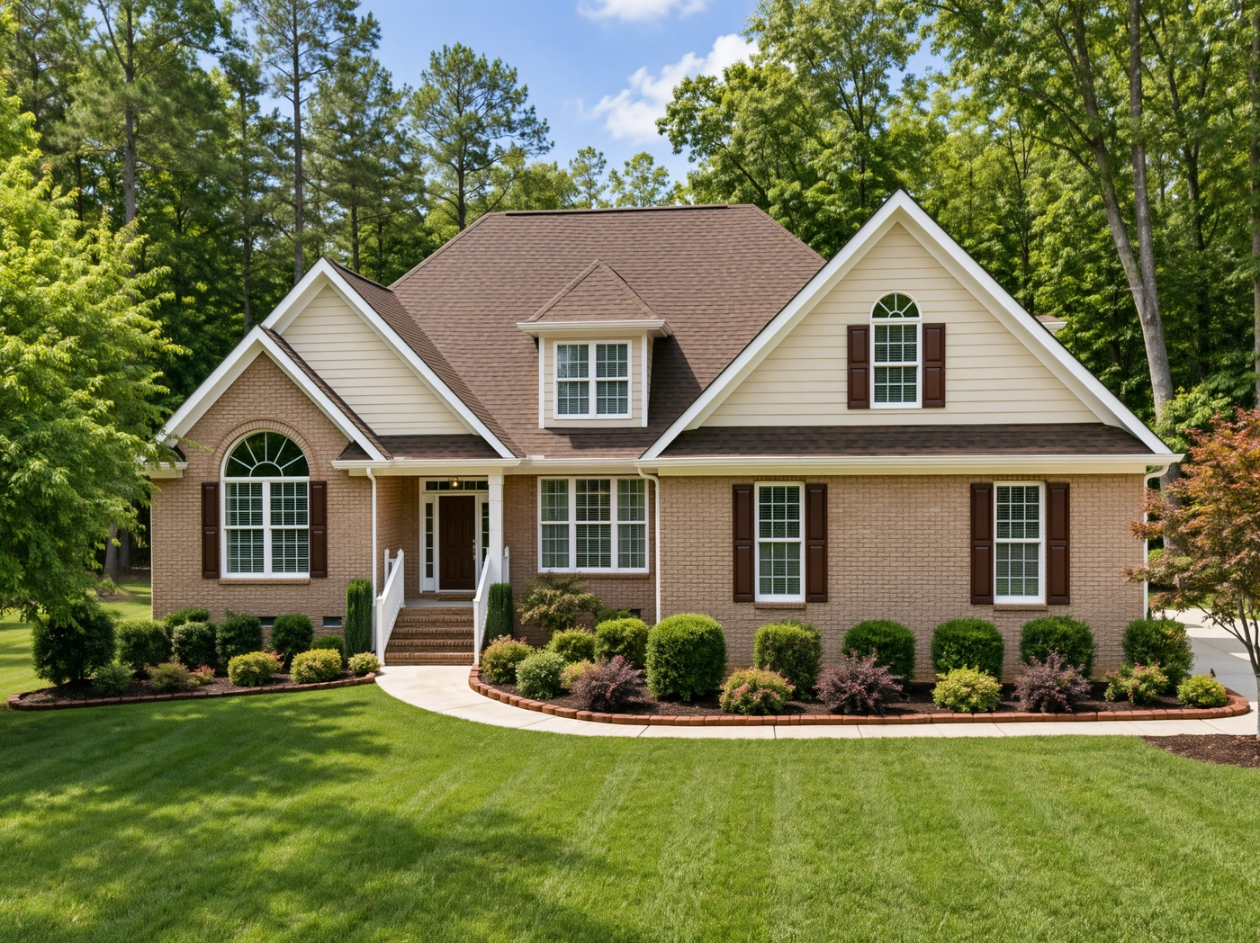 Brick home with a broad brown roof, cream gables, dormer and arched windows