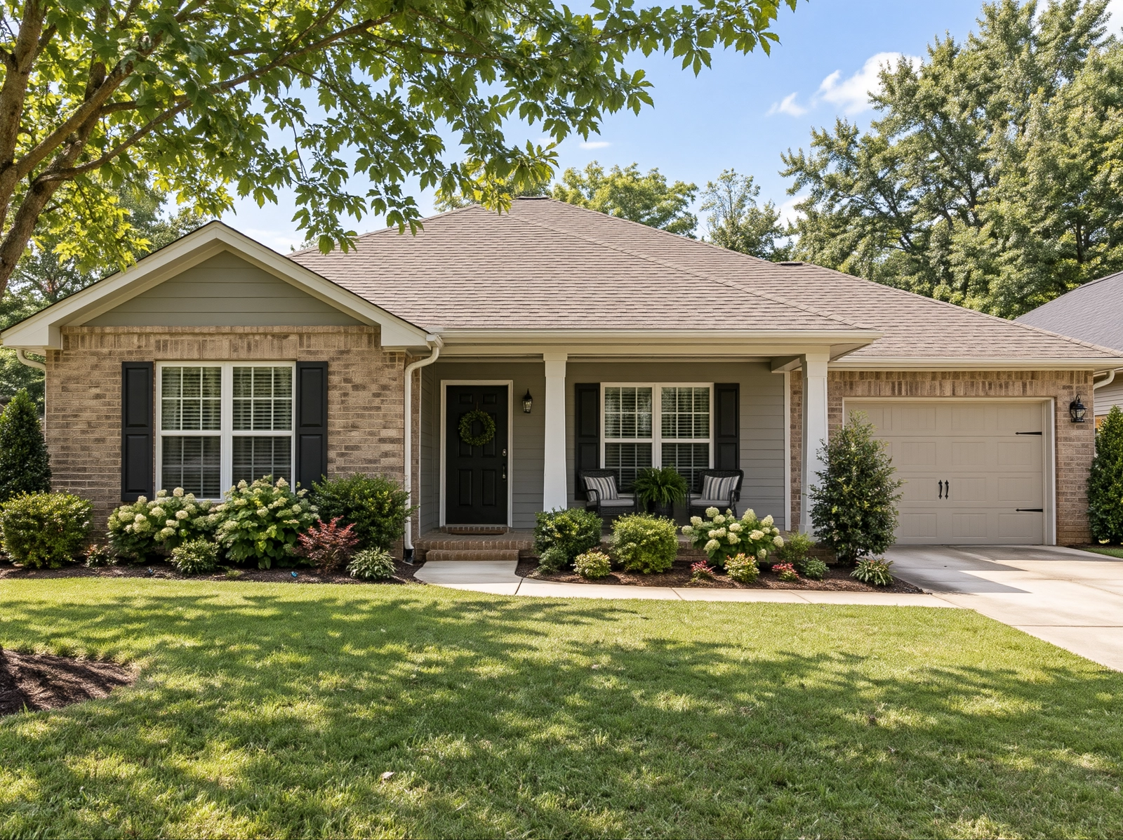 Single-story tan-brick and siding home with a recessed porch, mature trees and lawn