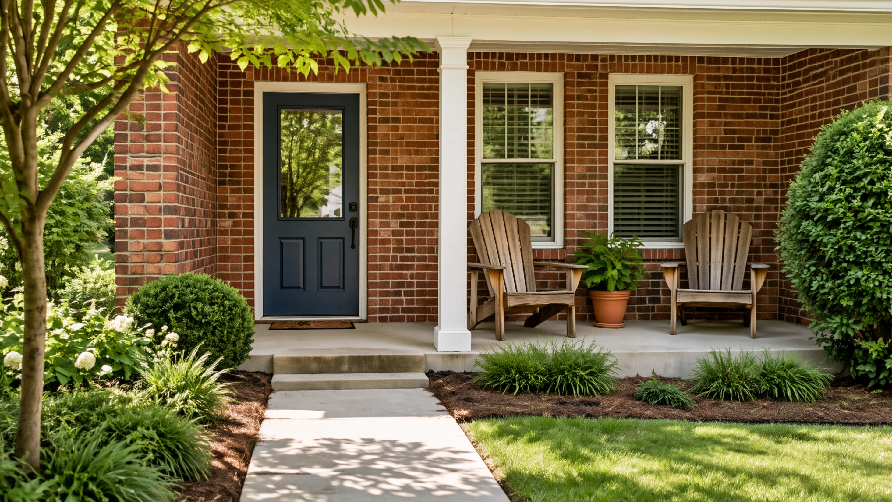 Welcoming brick porch with a dark door, chairs, garden planting and a shaded walk