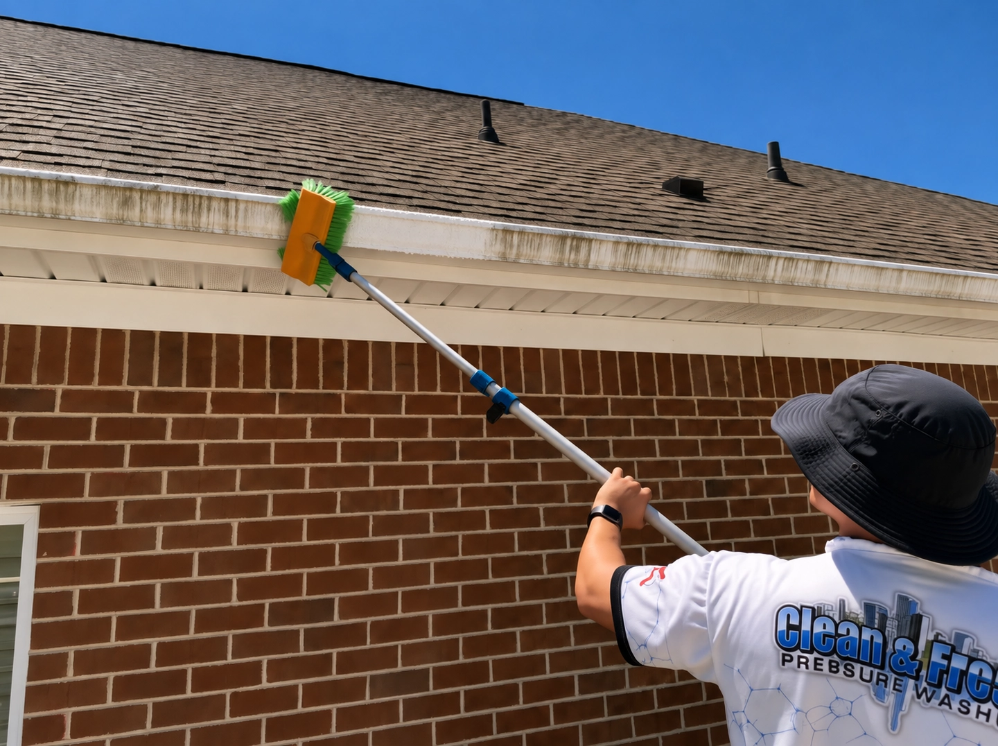 Yellow brush over a clean white swath in the middle of a gutter face, with dark vertical streaks remaining on either side