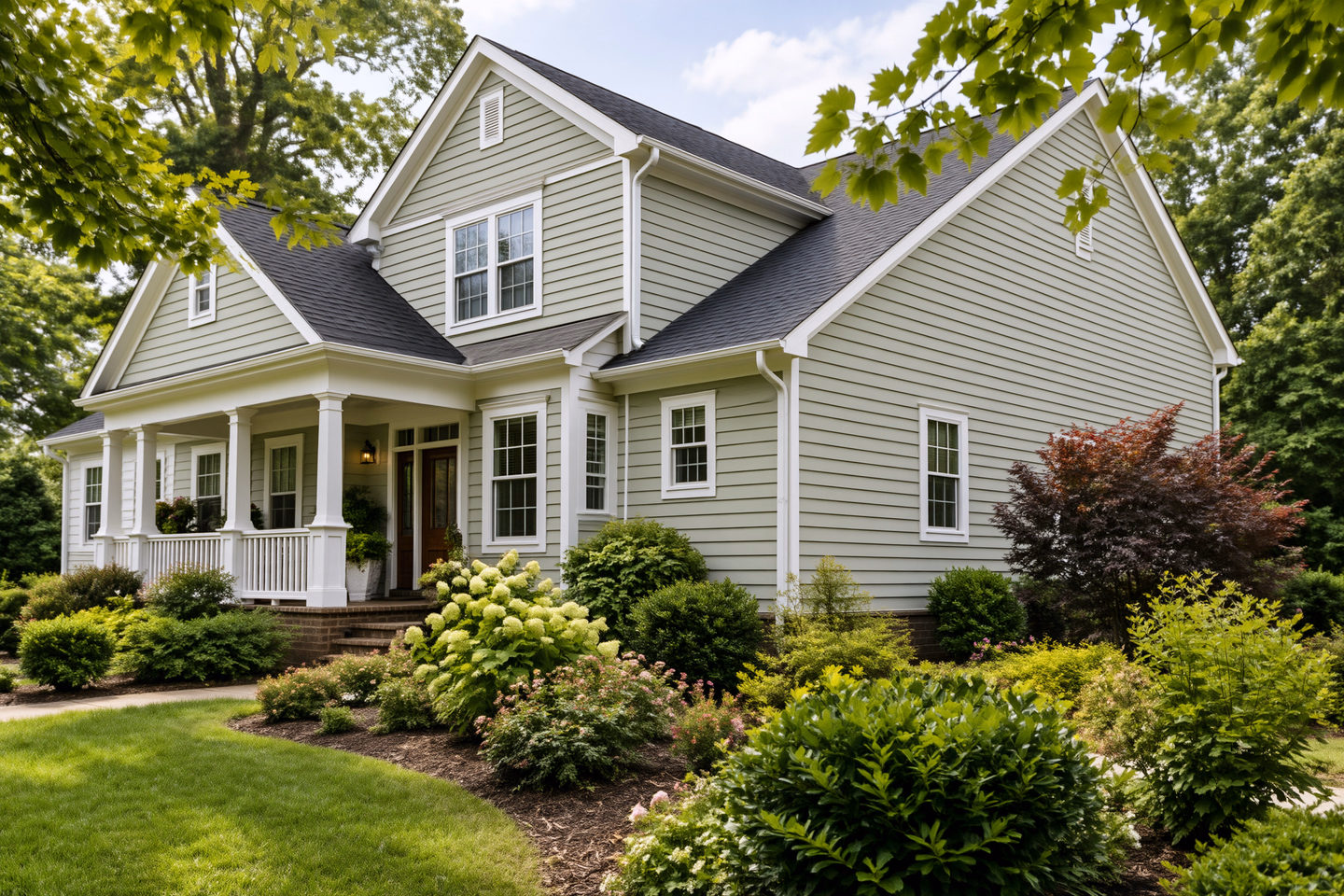 Pale sage two-story house with clean lap siding, a covered porch and mature garden