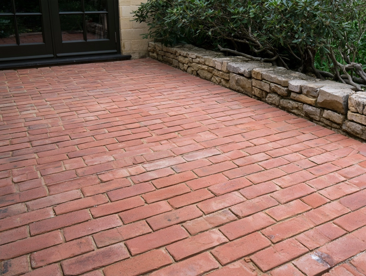 Muted red brick patio beside a low stone garden wall, branching shrubs and dark French doors