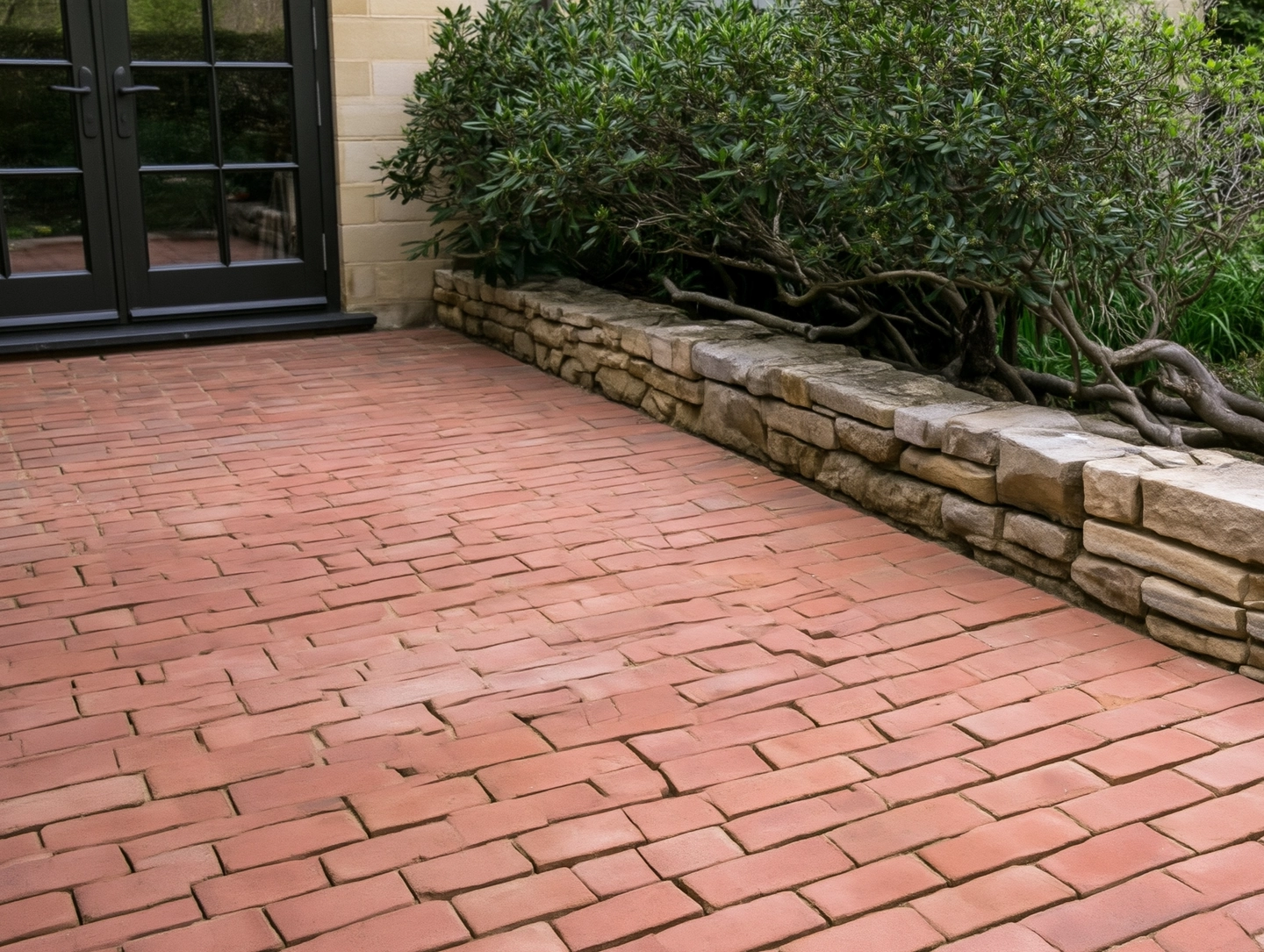 Muted red brick patio beside a low stone garden wall, branching shrubs and dark French doors