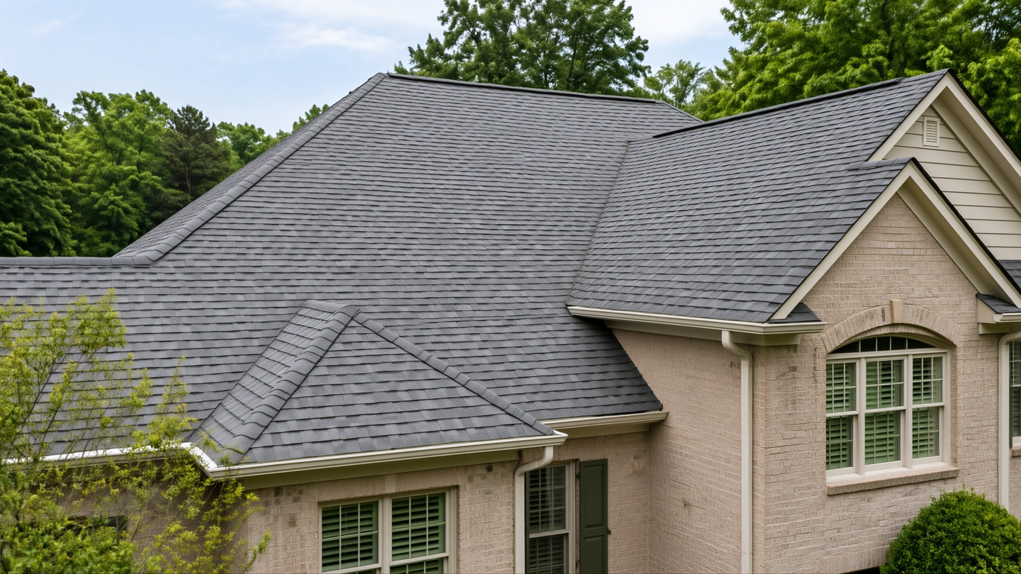 Clean gray asphalt-shingle slopes meeting above a pale brick gable