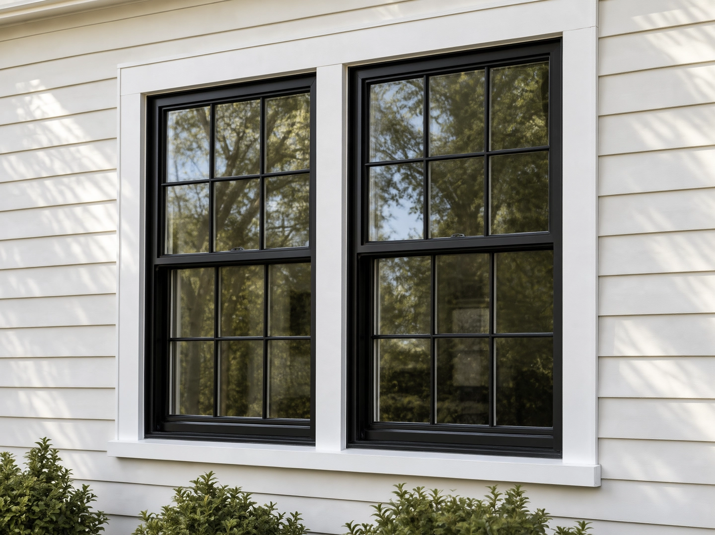 Two dark-framed windows with muted leafy reflections, white siding and shrubs below