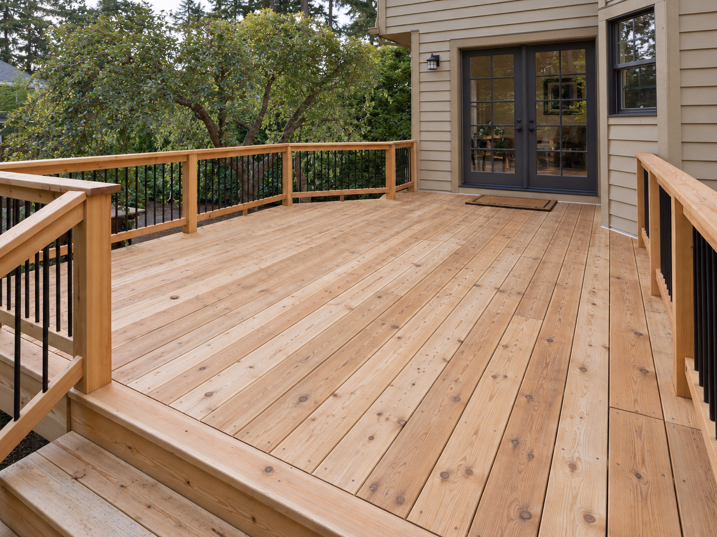 Light timber deck with varied grain, black metal balusters and a doormat outside dark French doors