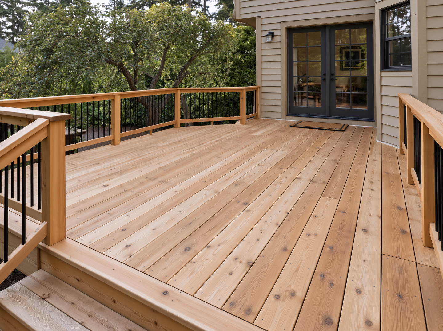 Light timber deck with varied grain, black metal balusters and a doormat outside dark French doors