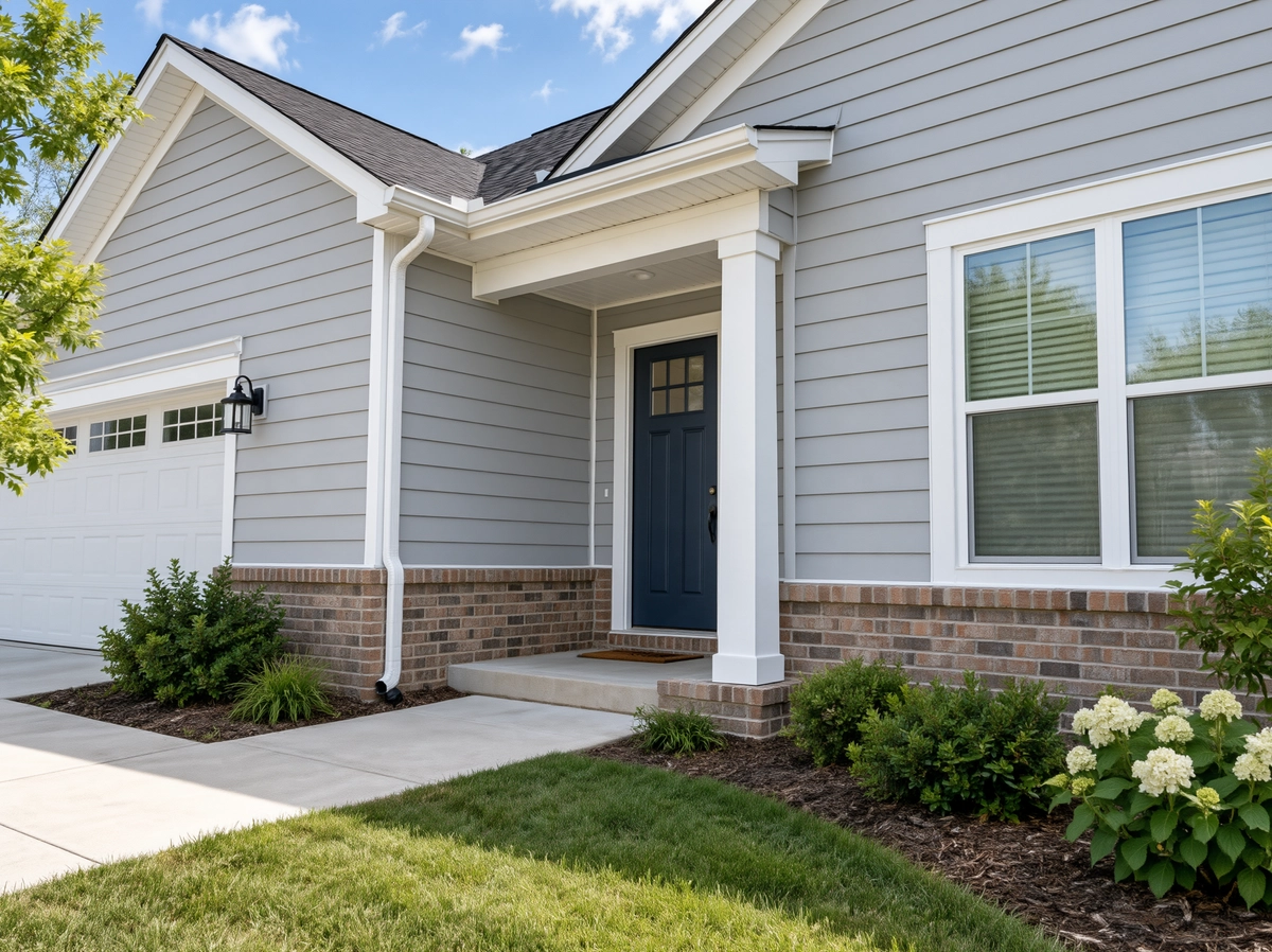 Clean concrete entry path beside brick, pale siding and planted beds