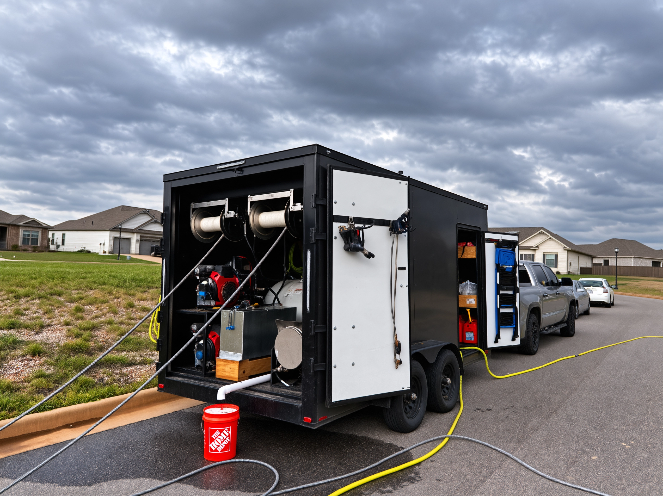 Illustration of a black Clean and Fresh enclosed trailer with open doors, hose reels and a gray tow pickup