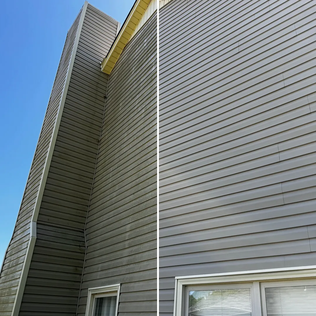 Tall exterior siding wall before and after soft washing