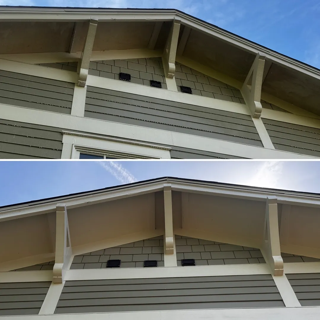 Painted exterior siding before and after soft washing
