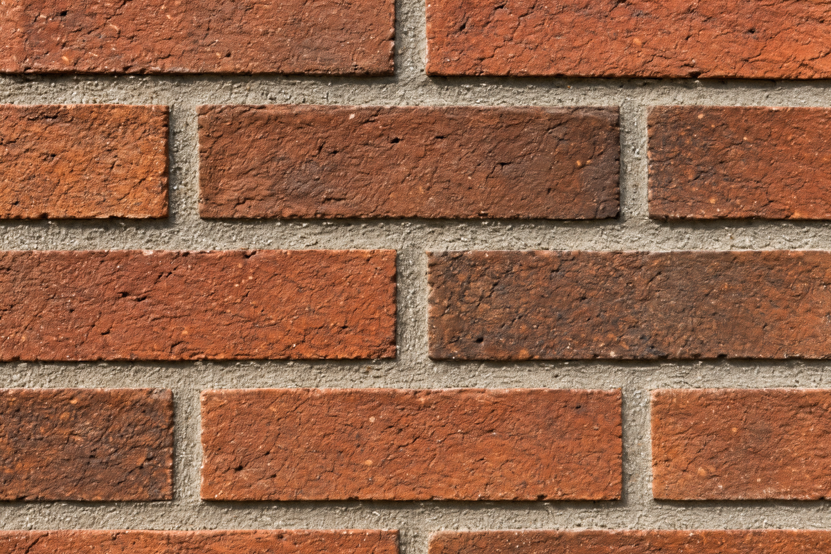 Close view of red-brown brick faces separated by recessed pale mortar joints