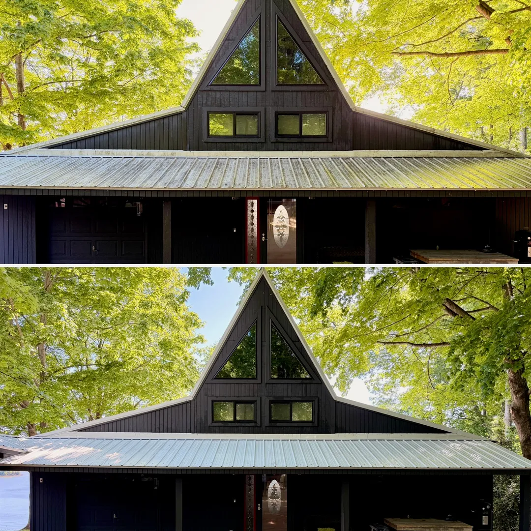 Metal roof before and after low-pressure cleaning