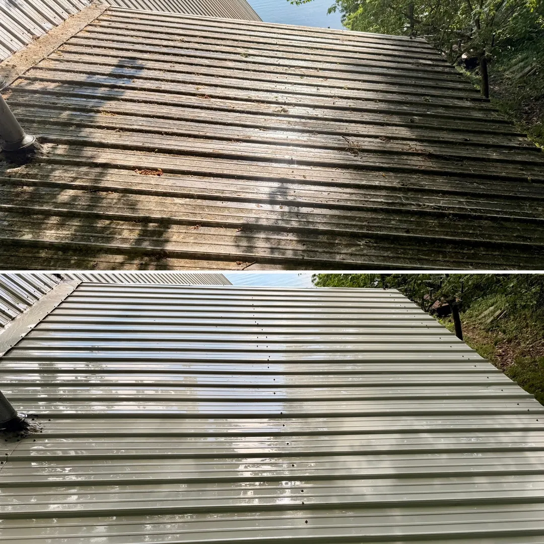 Ribbed metal roof before and after cleaning