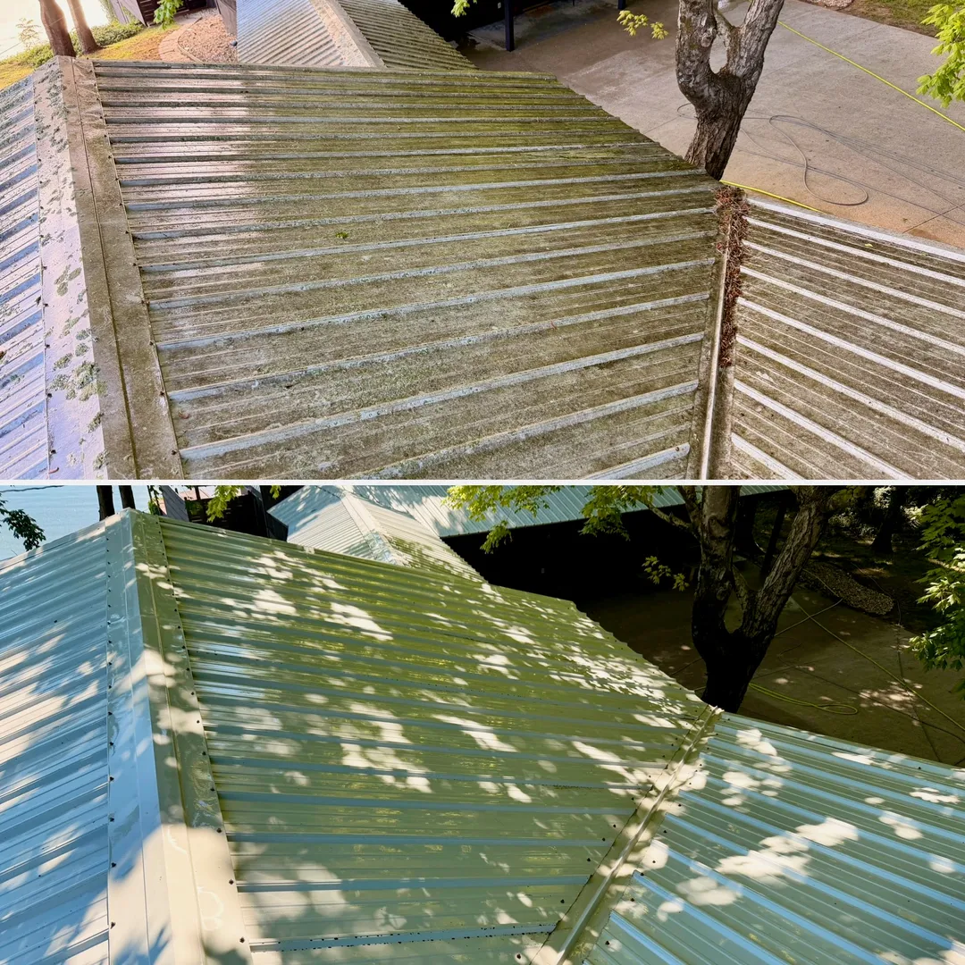 Painted metal roof before and after cleaning