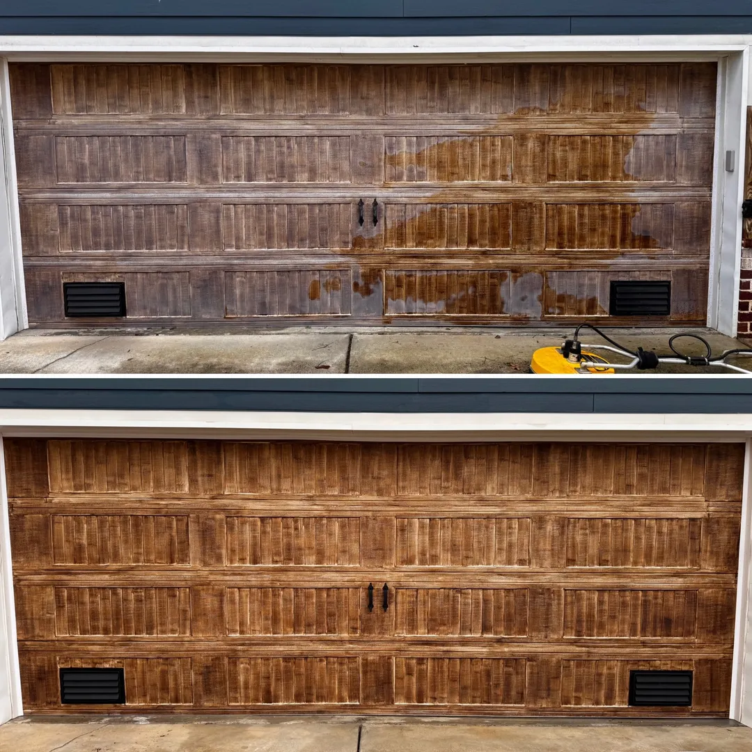 Oxidized exterior garage door before and after treatment
