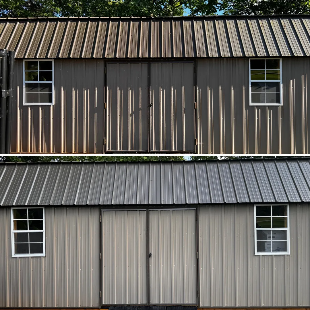 Oxidized painted metal building before and after treatment