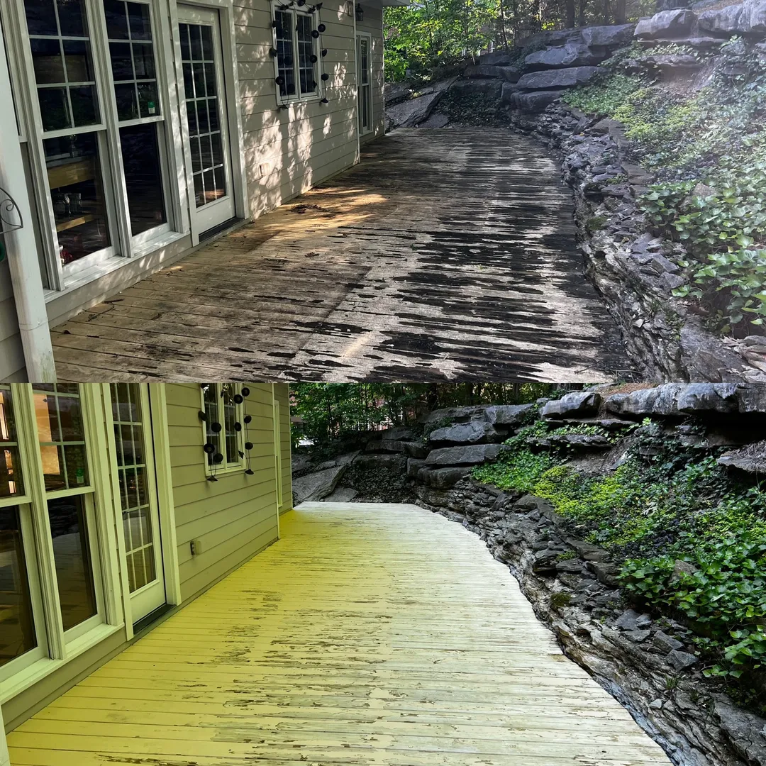 Painted wood deck before and after controlled cleaning