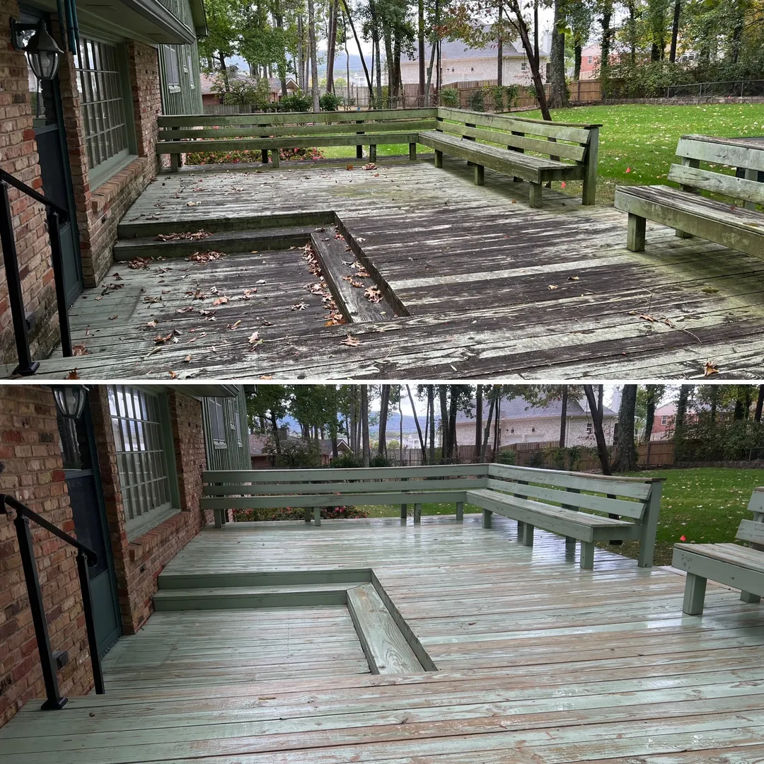 Painted wood platform and benches before and after cleaning