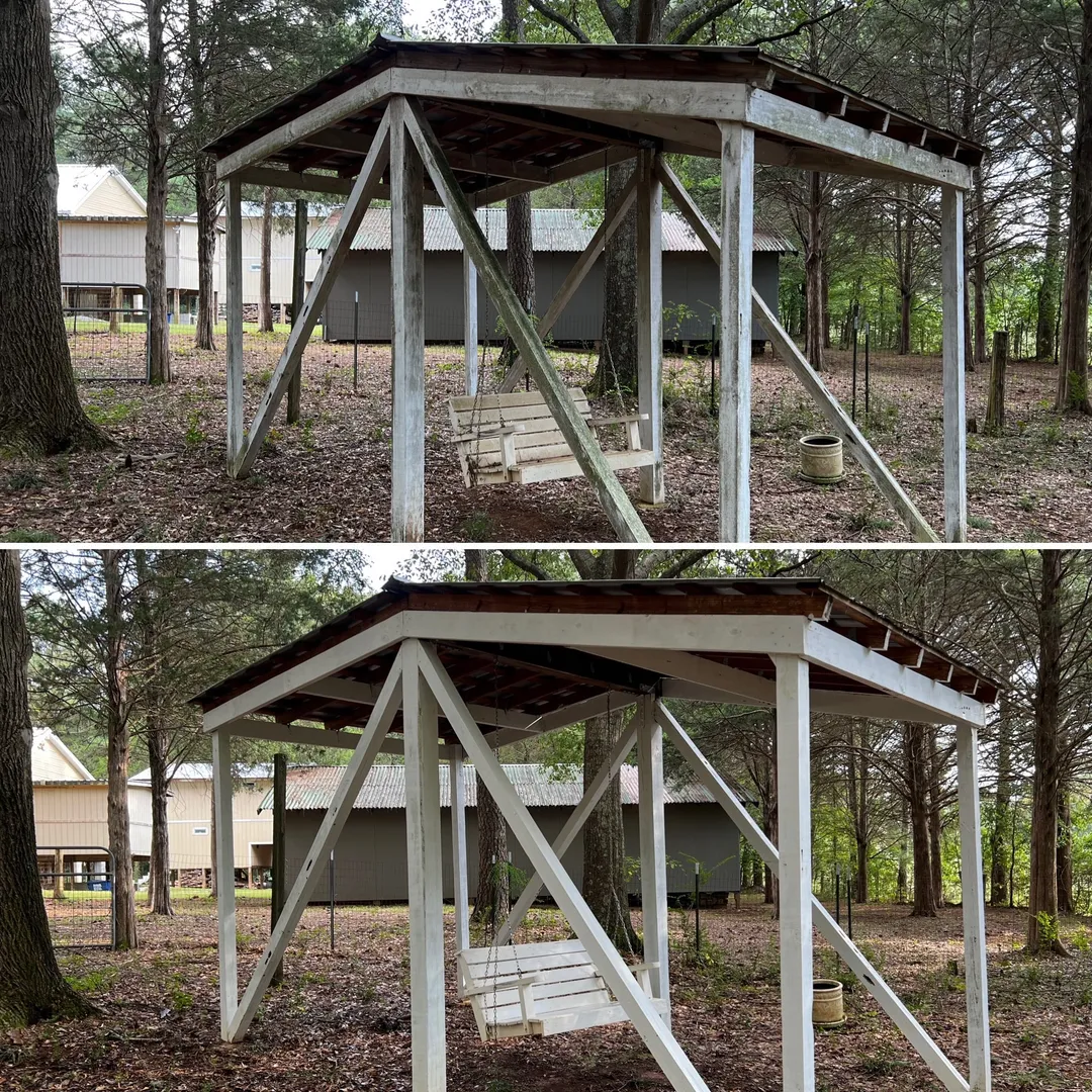 Painted wood swing frame before and after cleaning