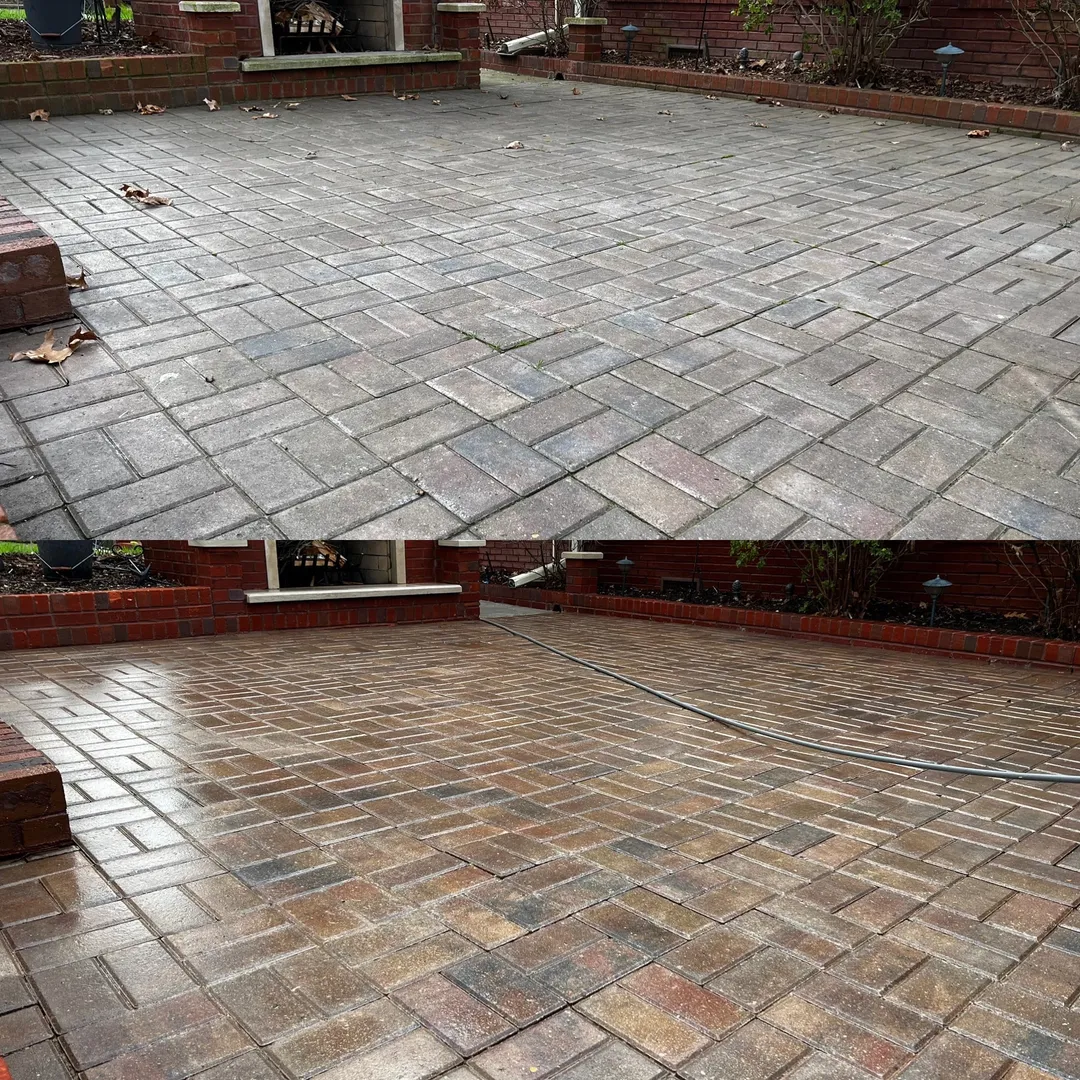 Brick paver patio before and after cleaning