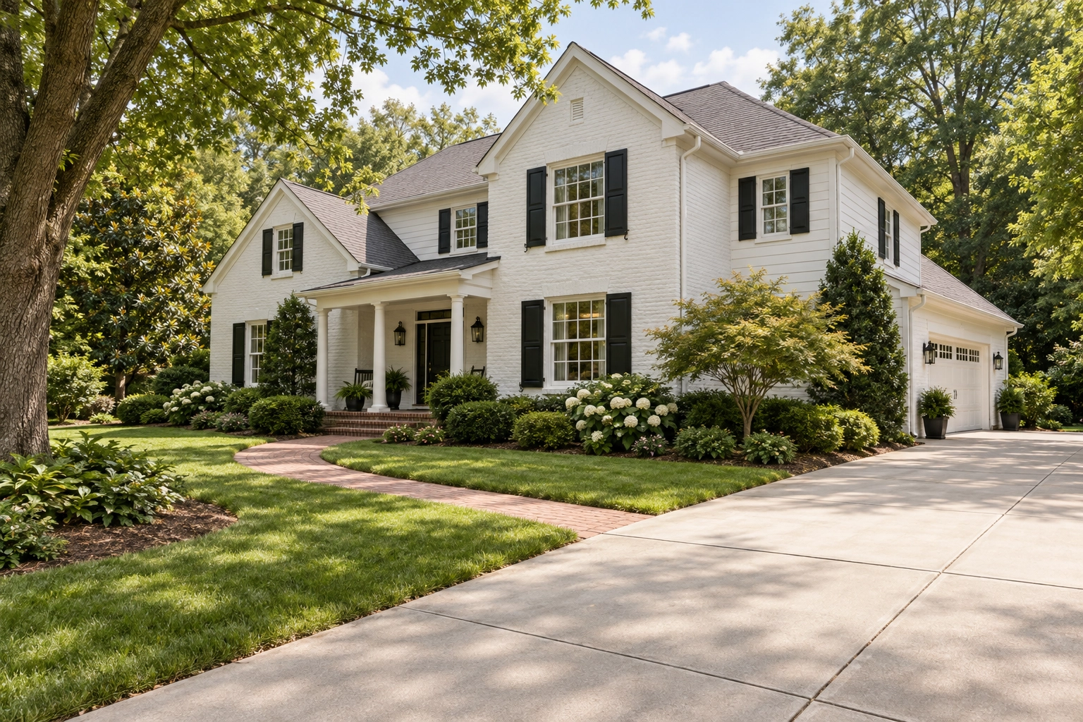 A white house with a front porch, brick garden walk and broad concrete driveway framed by mature trees.