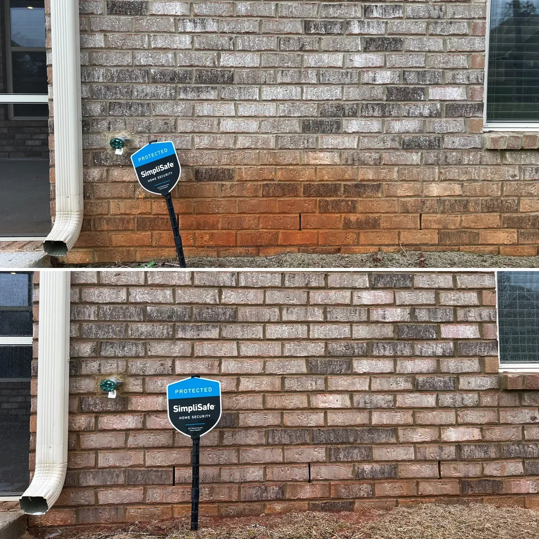 Red clay stained brick wall before and after treatment