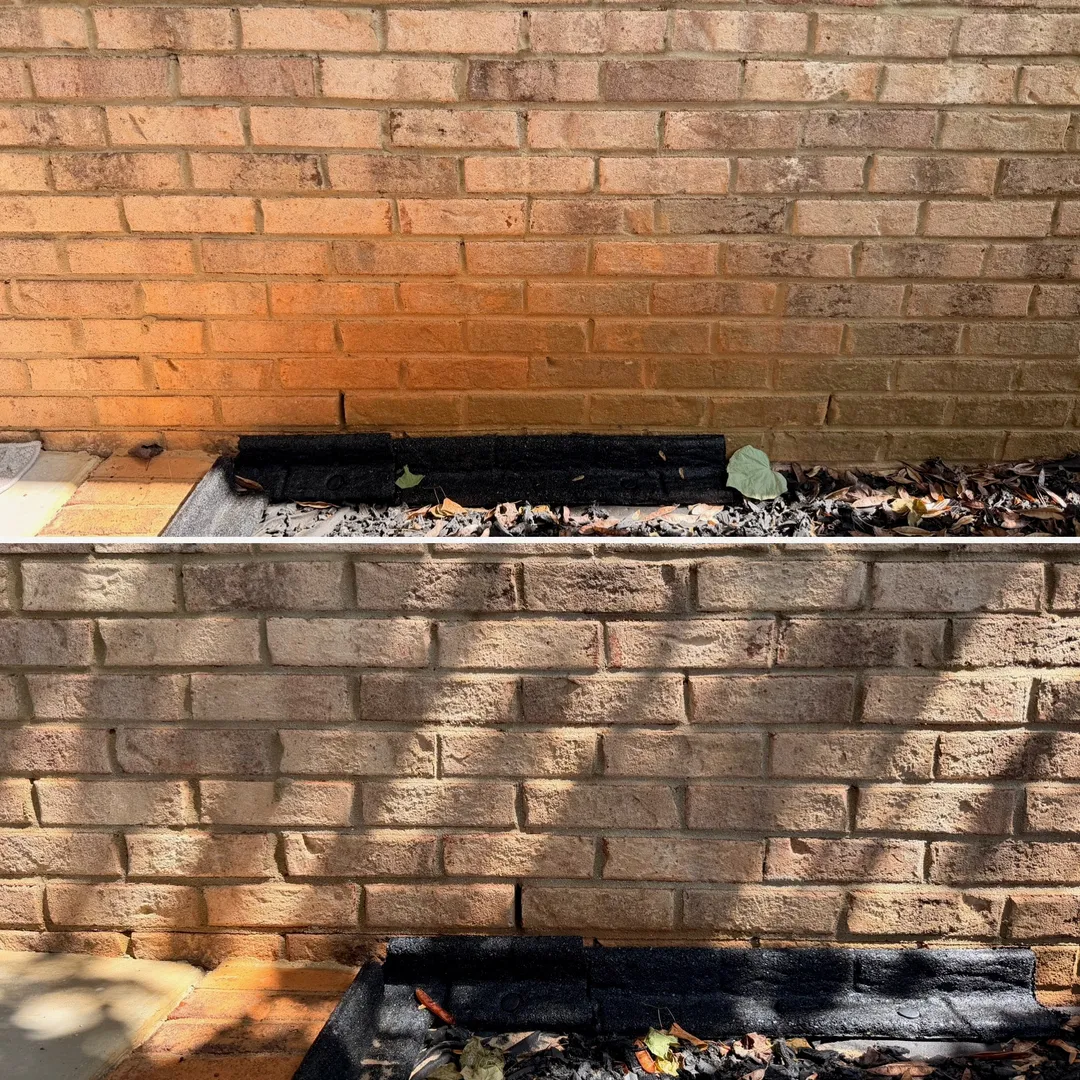 Red clay stained brick foundation before and after treatment