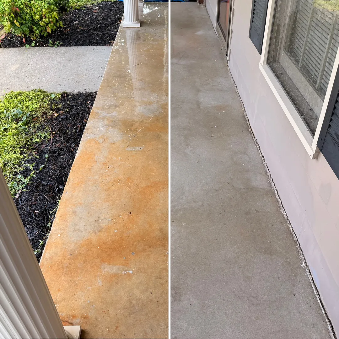 Concrete porch with red clay staining before treatment on the left and clean concrete after treatment on the right