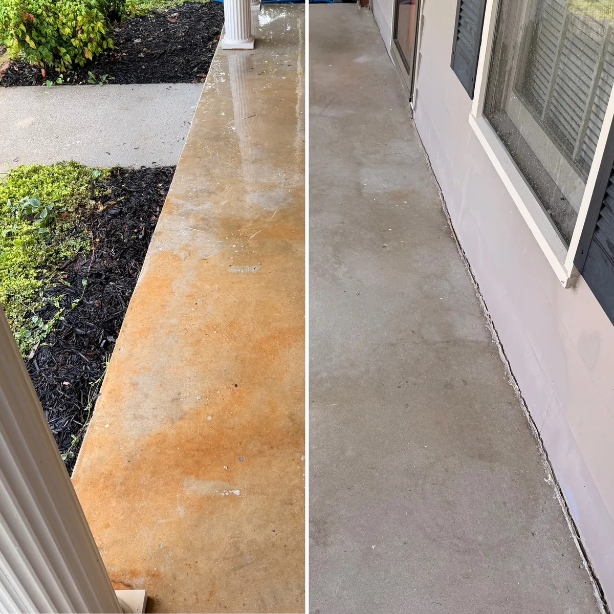 Concrete porch with red clay staining before treatment on the left and clean concrete after treatment on the right