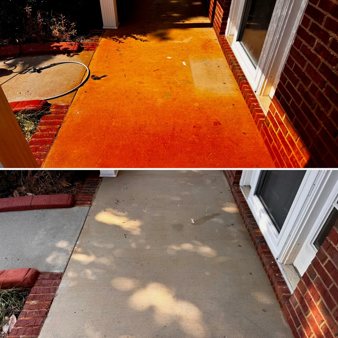 Heavily red clay stained entry walk before and after treatment