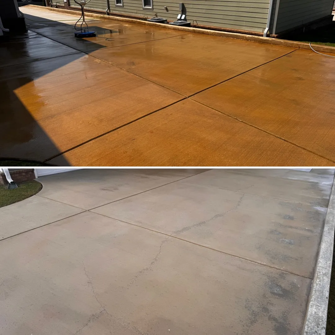 Red clay stained concrete driveway before and after treatment
