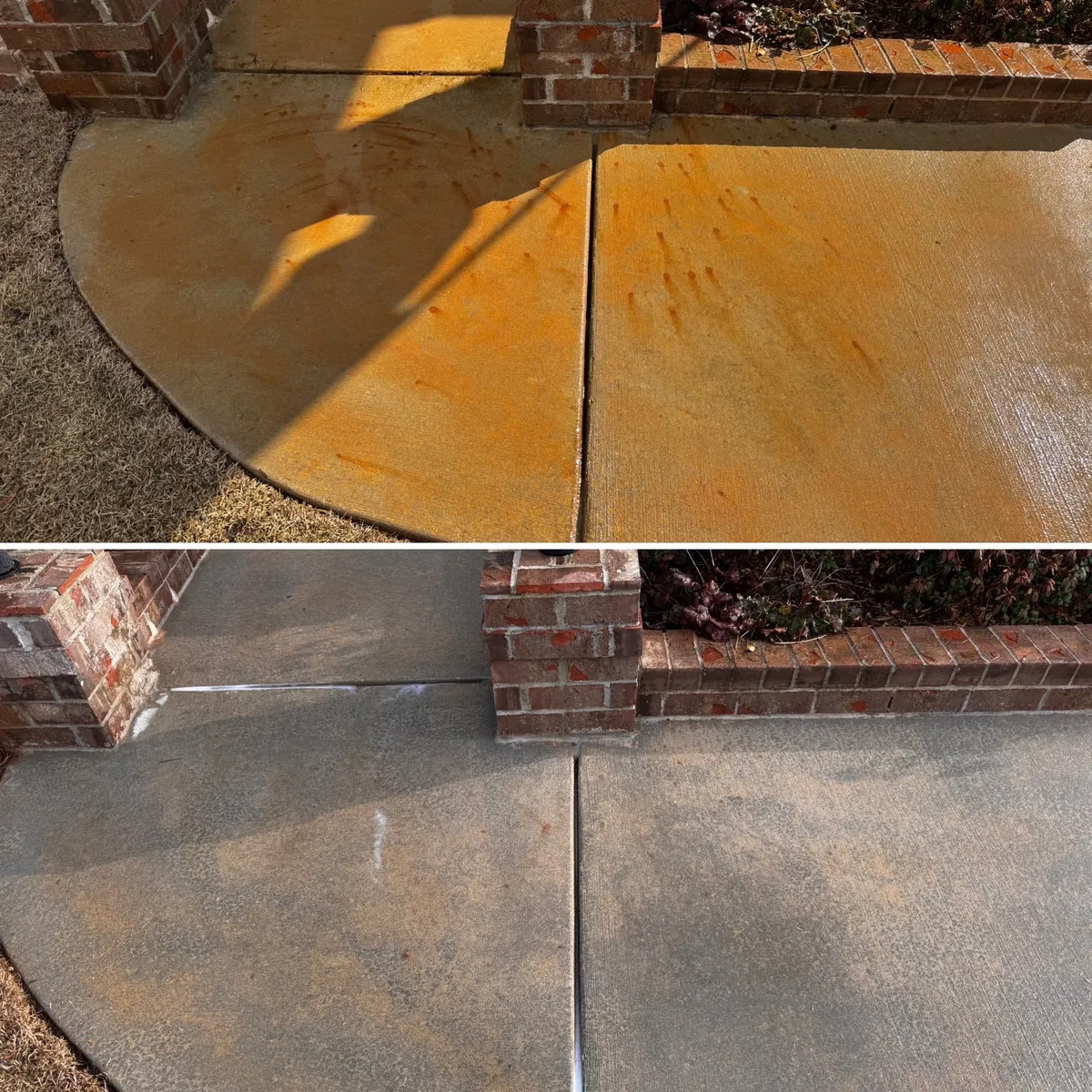 Red clay stained curved concrete walk before and after treatment
