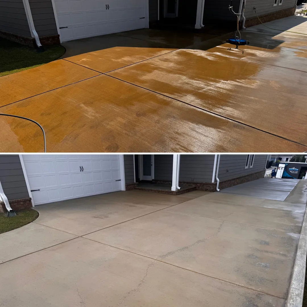 Red clay stained driveway apron before and after treatment