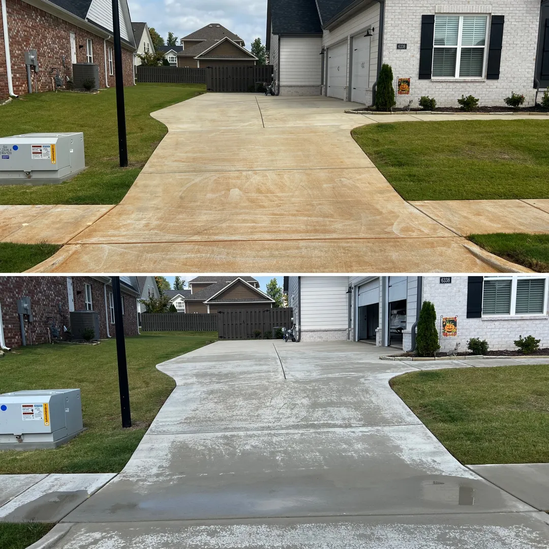 Red clay stained driveway and walk before and after treatment