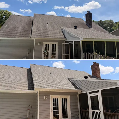 Asphalt shingle roof before and after low-pressure treatment