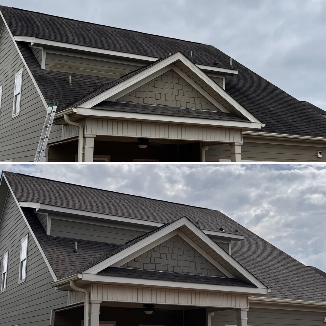 Front-facing asphalt shingle roof before and after treatment