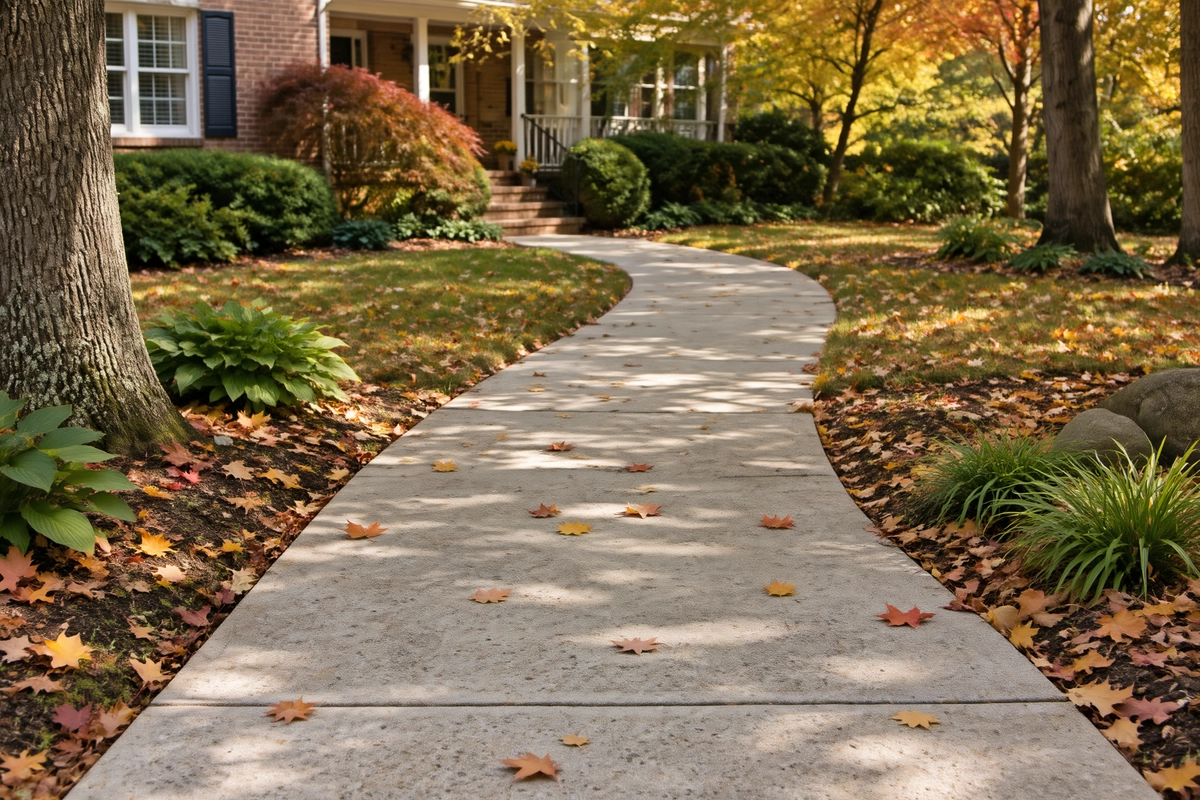 Curved concrete garden walkway with scattered autumn leaves leading toward a porch beneath mature trees
