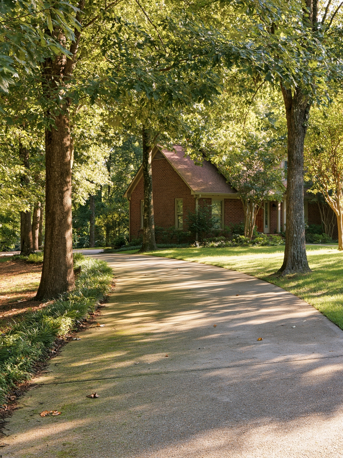 Tree-shaded concrete driveway with visible green buildup along its planted edge and a brick house beyond