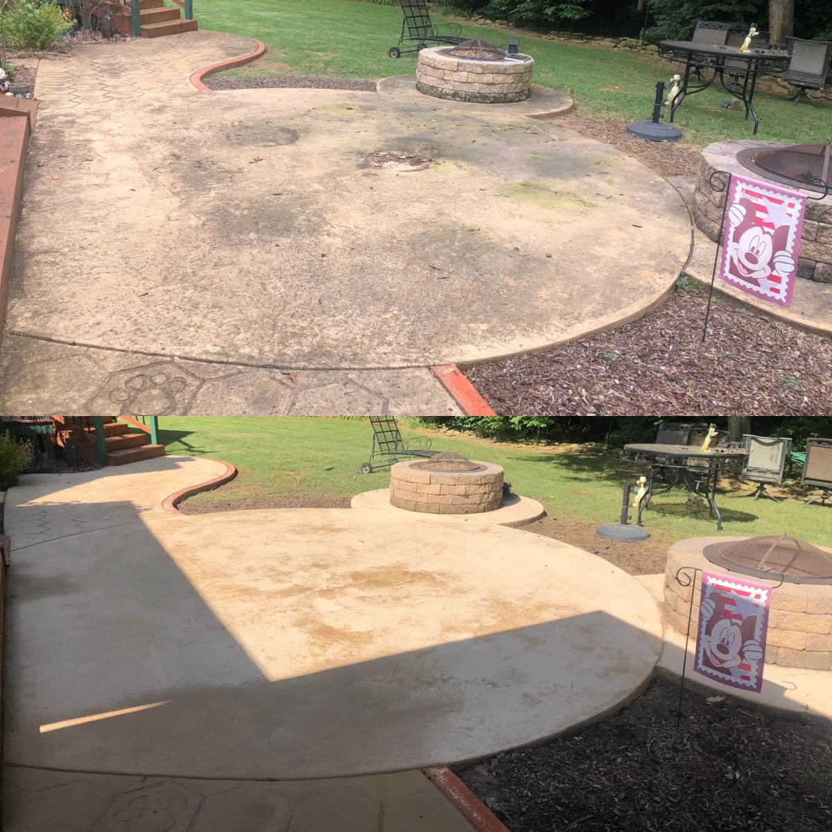 Stamped concrete patio shown before and after exterior cleaning with the decorative surface pattern preserved