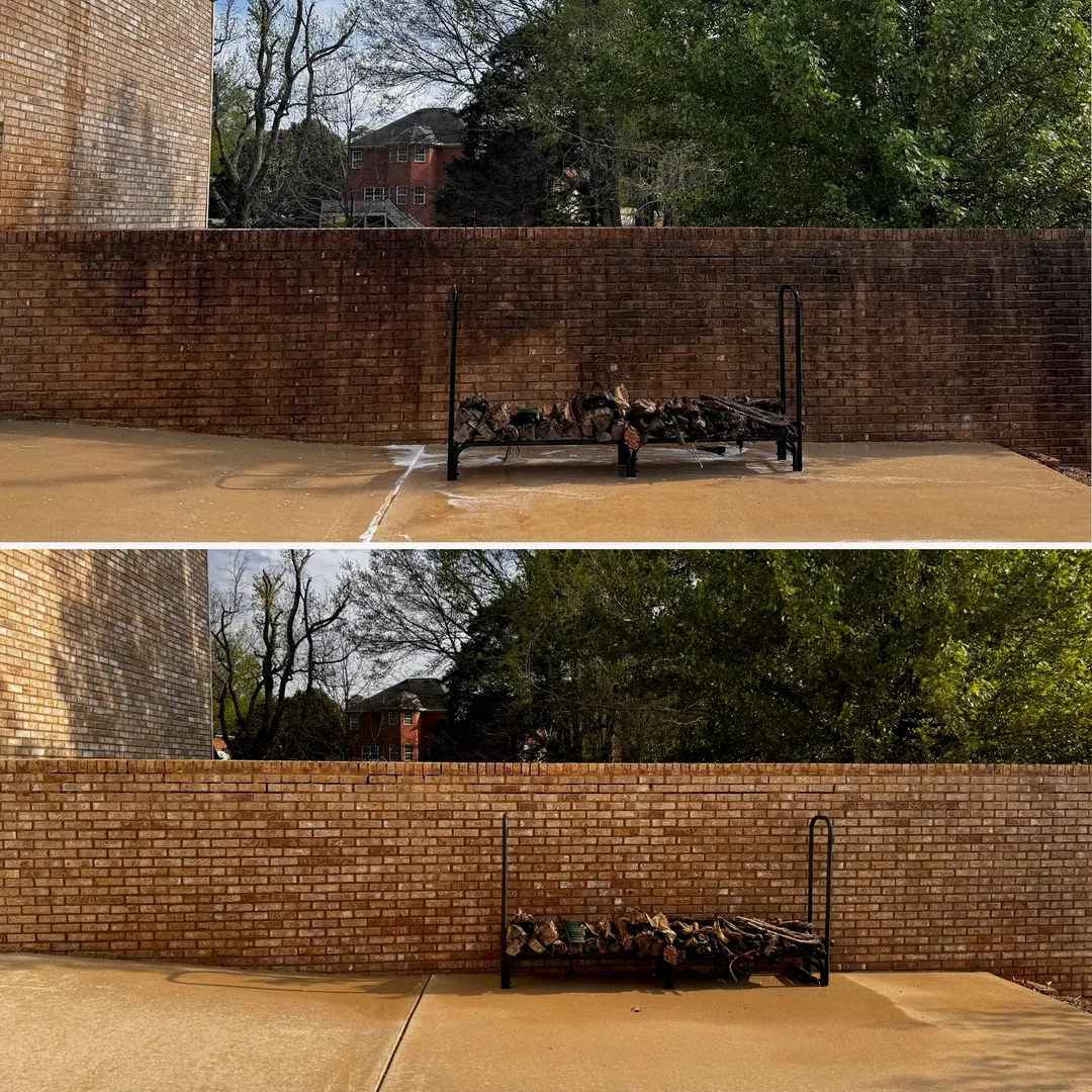 Brick retaining wall and patio before and after cleaning