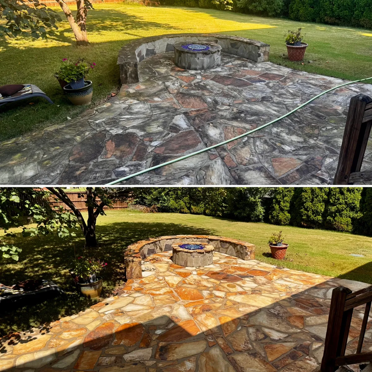 Natural stone patio before and after cleaning